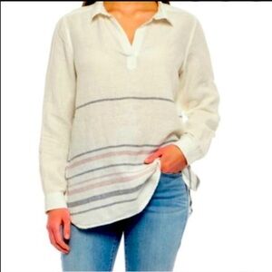 Tahari Women’s 3X 100% Linen Blouse Tunic Top White Red Blue Strip Popover